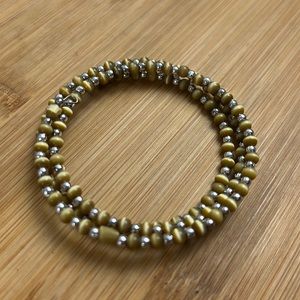 Beaded Wire Wrap Yellow Amber & Silver Bracelet Metal & Stone Flexible Wire